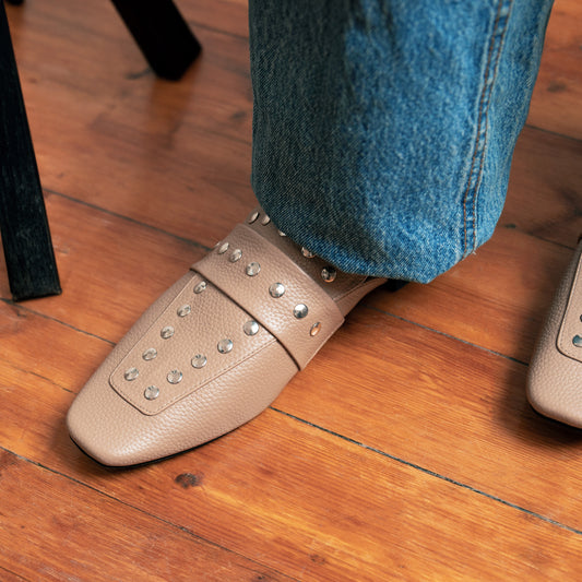 Women's Leather Studded Mules - Beige