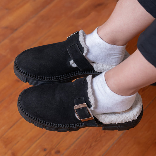 Women's Cozy Suede Clog with Buckle- Black