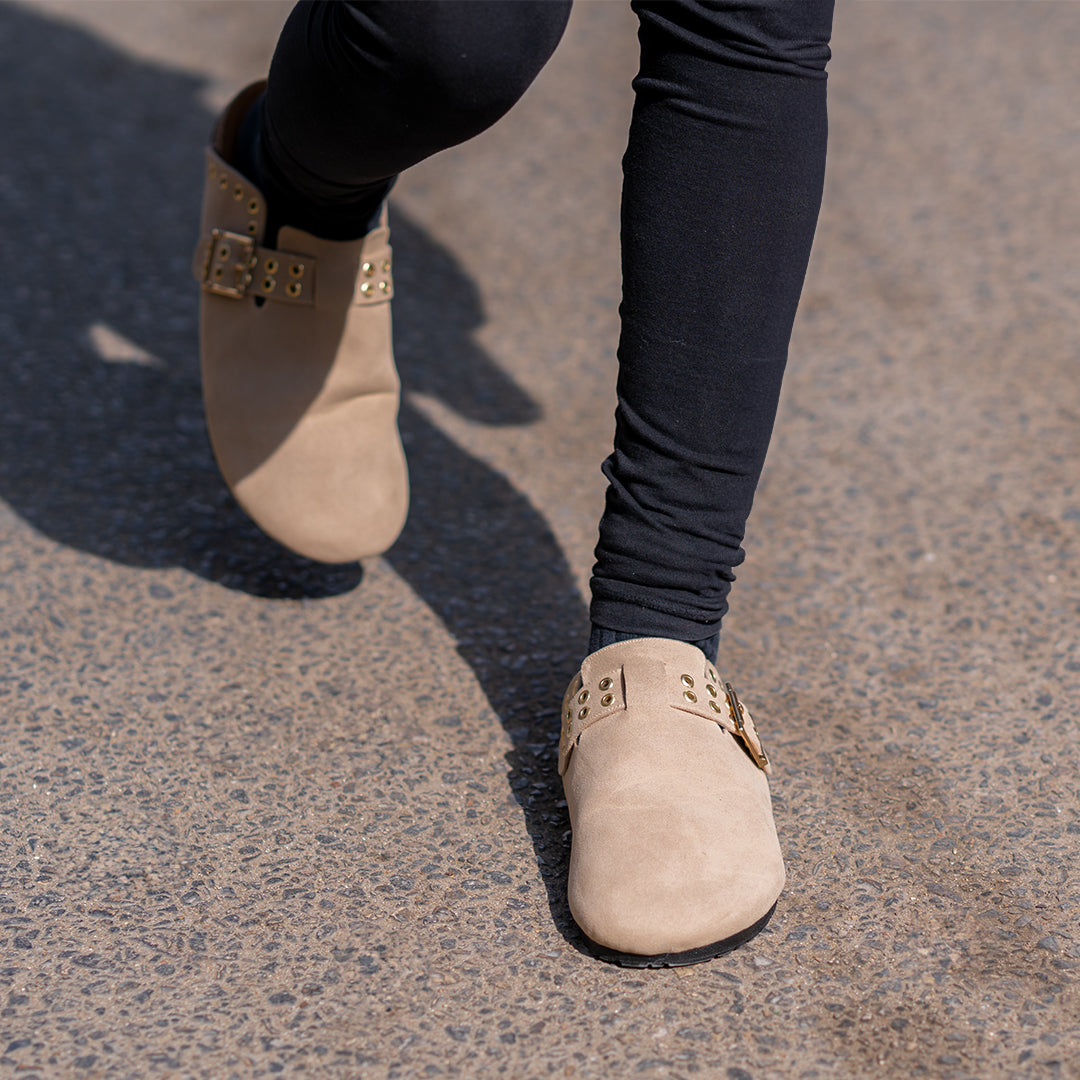 Women Beige Suede Clogs with Gold Accessory