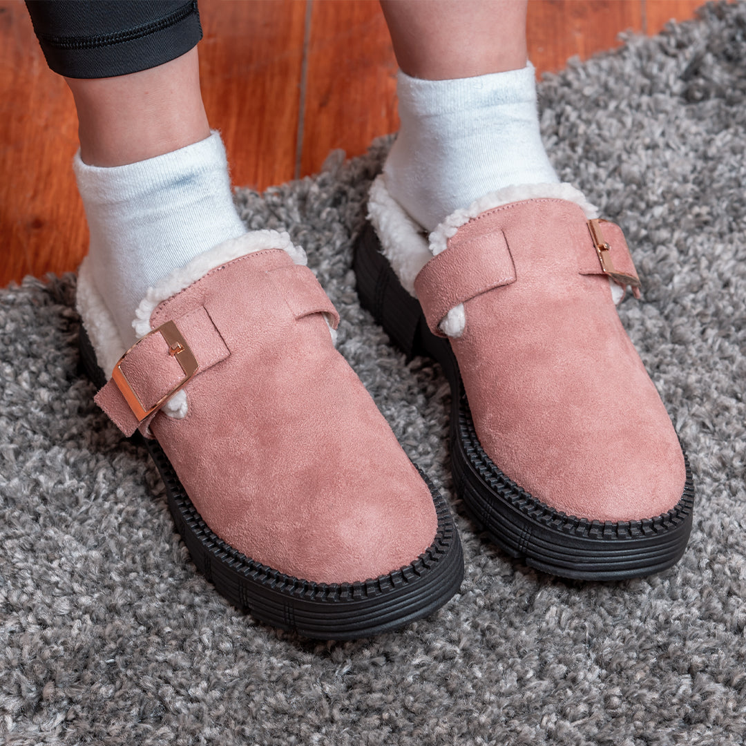 Women's Cozy Suede Clog with Buckle- Pink