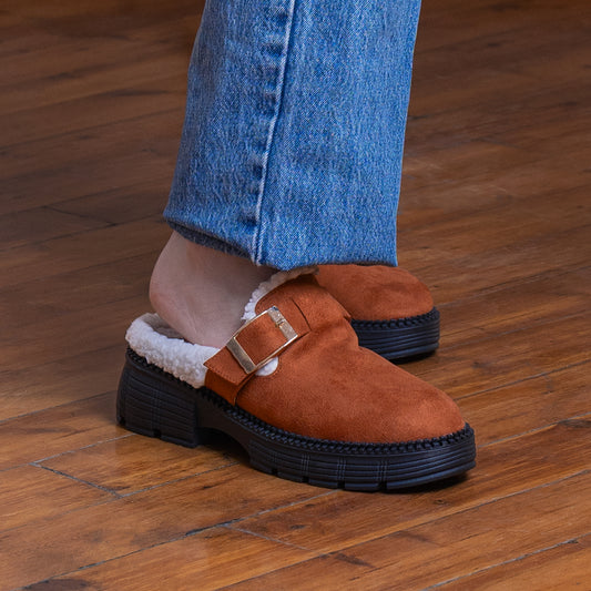 Women's Cozy Suede Clog with Buckle- Brown