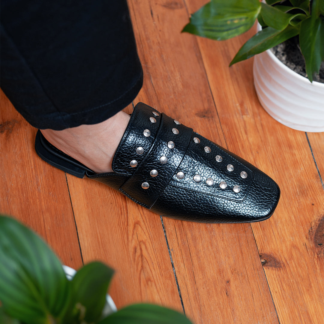 Women's Leather Studded Mules - Black