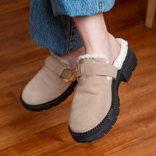 Women's Cozy Suede Clog with Buckle- Beige