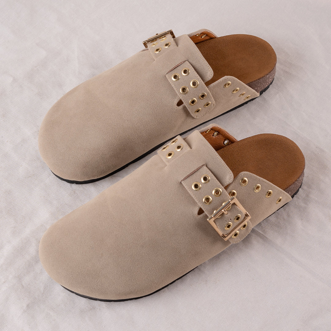 Women Beige Suede Clogs with Gold Accessory