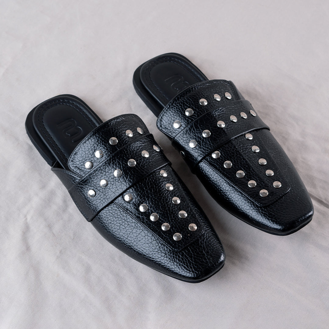 Women's Leather Studded Mules - Black