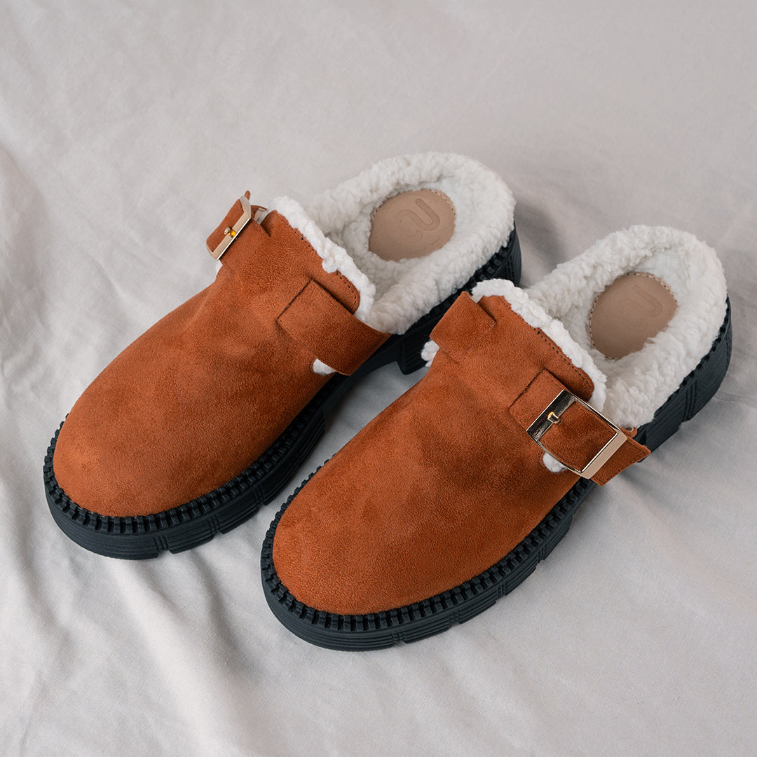 Women's Cozy Suede Clog with Buckle- Brown