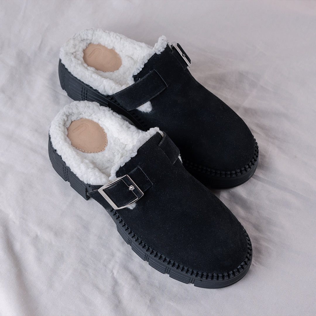 Women's Cozy Suede Clog with Buckle- Black