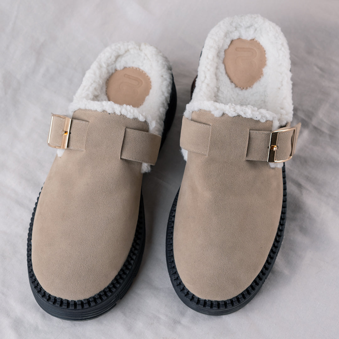 Women's Cozy Suede Clog with Buckle- Beige