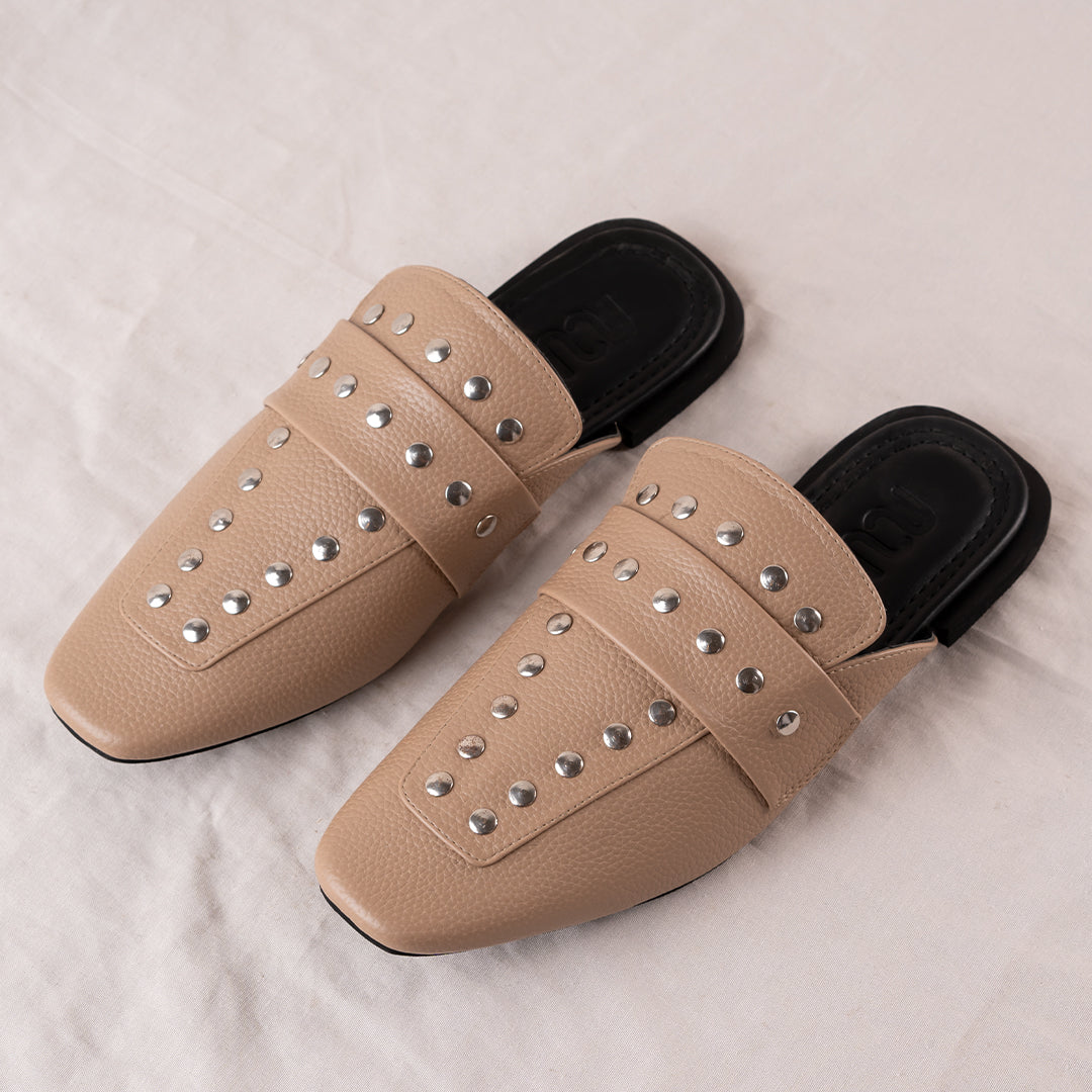 Women's Leather Studded Mules - Beige