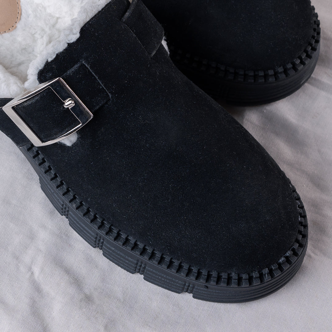 Women's Cozy Suede Clog with Buckle- Black