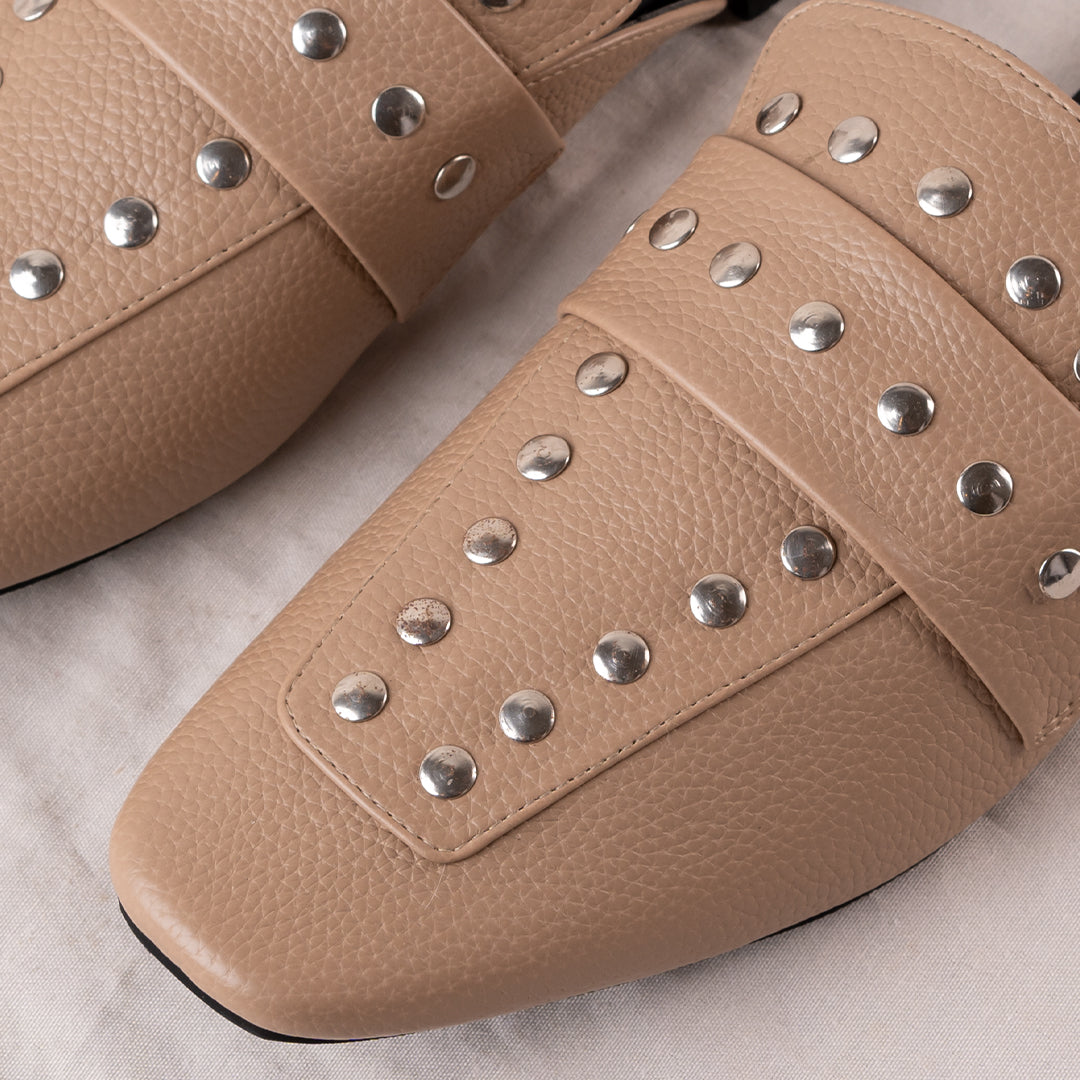 Women's Leather Studded Mules - Beige