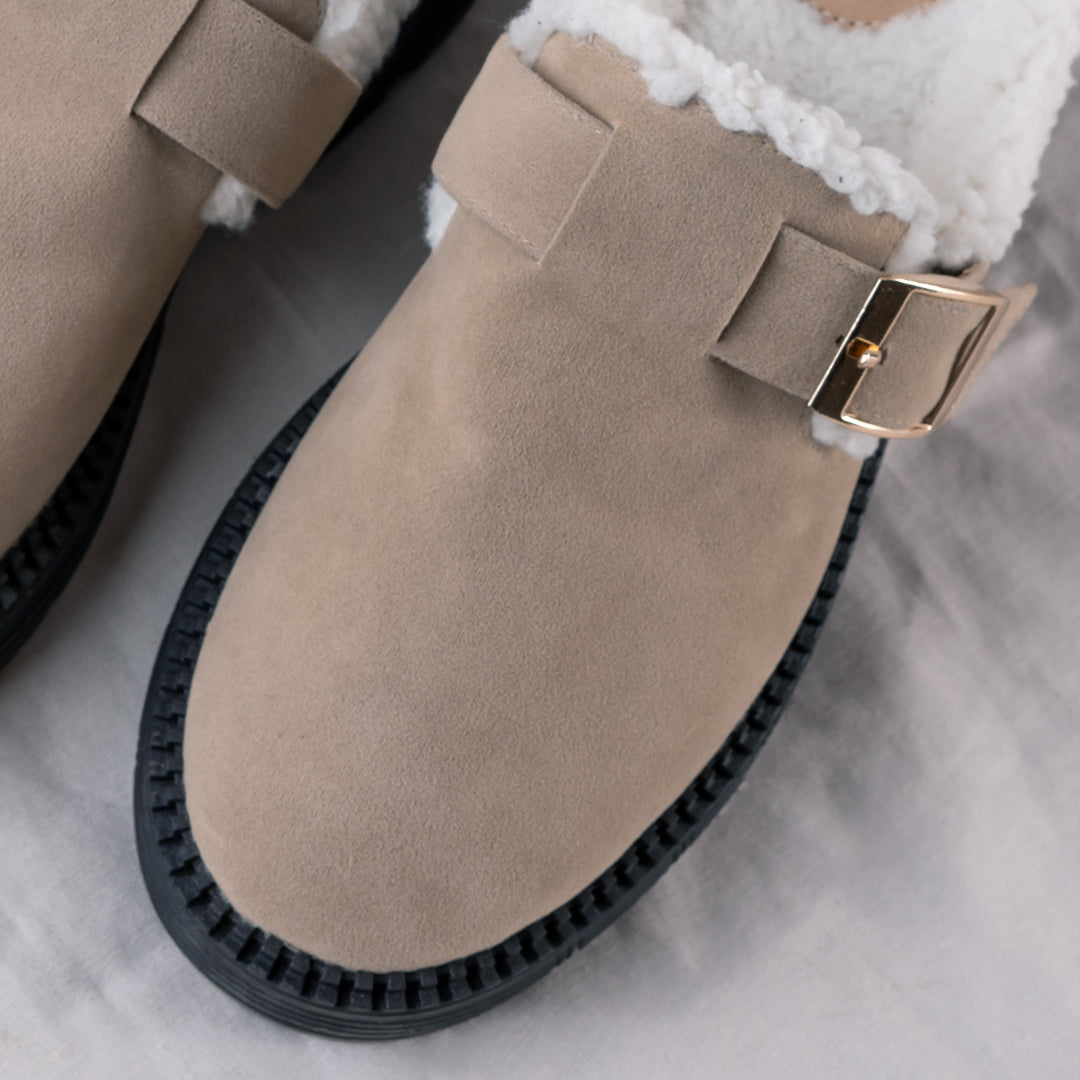 Women's Cozy Suede Clog with Buckle- Beige