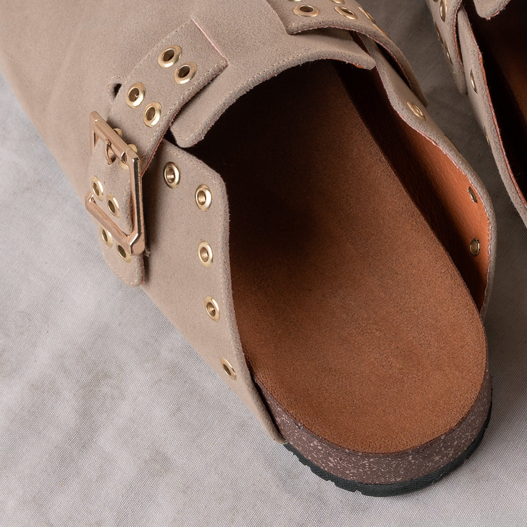 Women Beige Suede Clogs with Gold Accessory