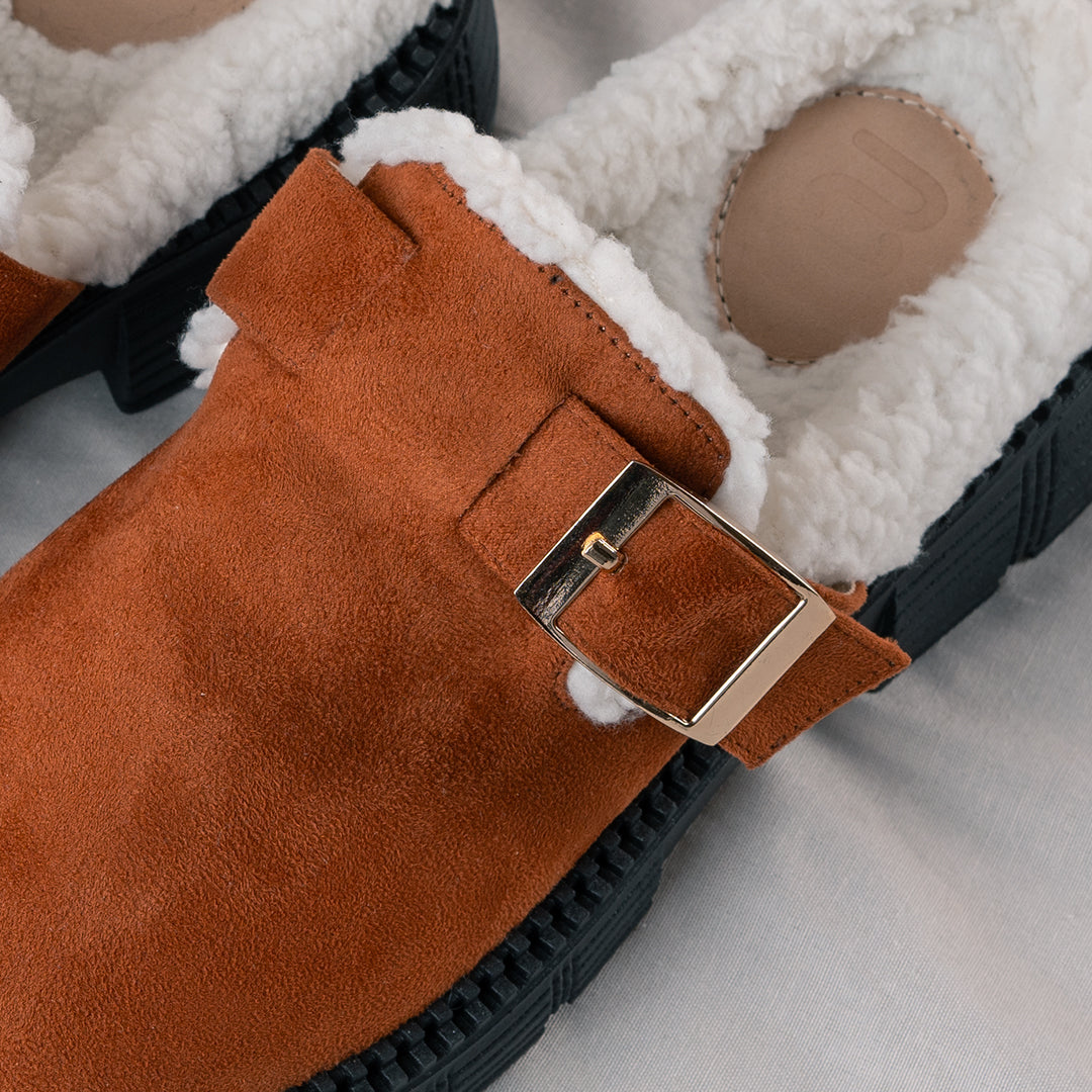 Women's Cozy Suede Clog with Buckle- Brown